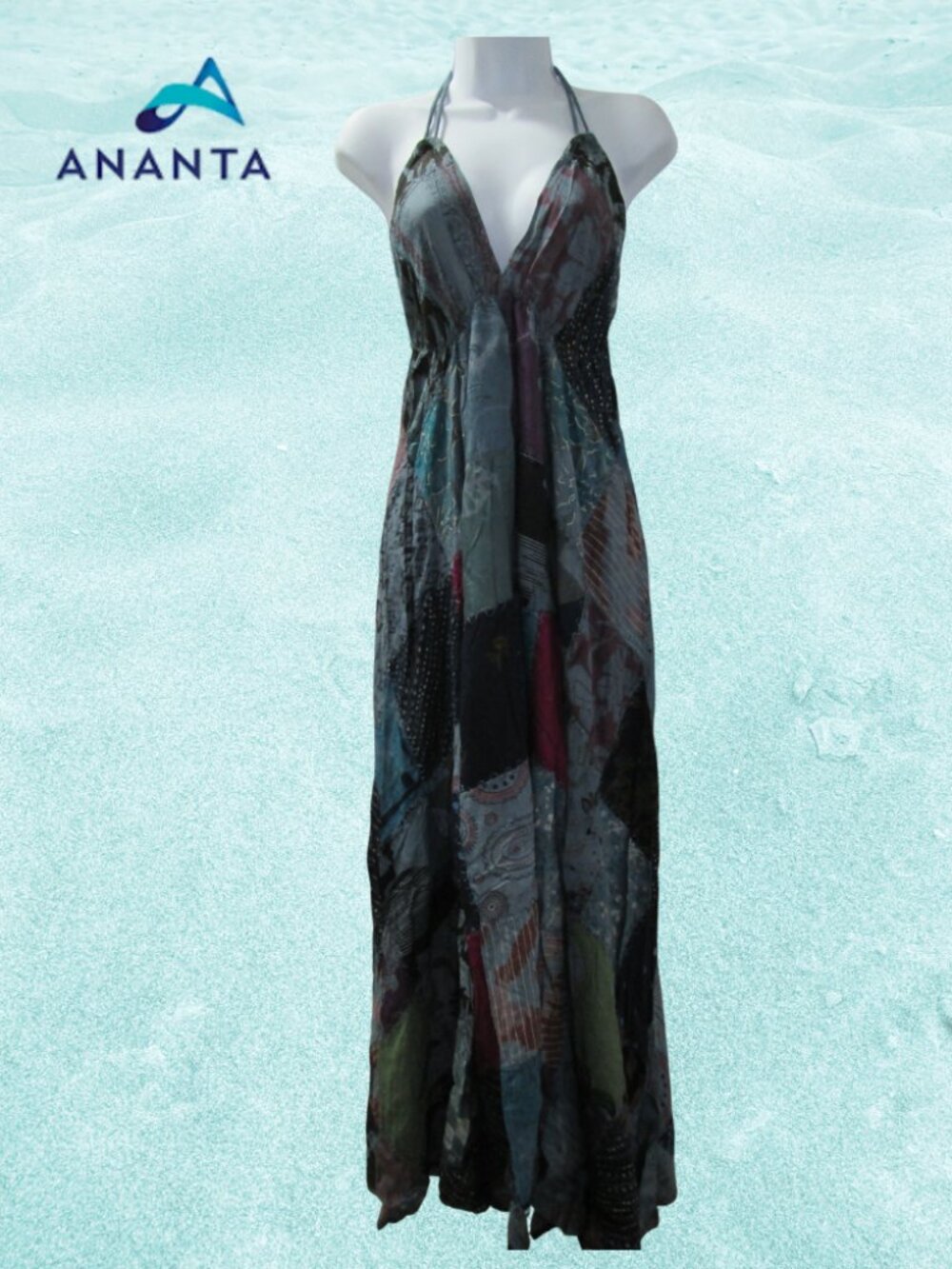 Teal Patchwork Boho Ananta Halter Dress NWT Sz OS